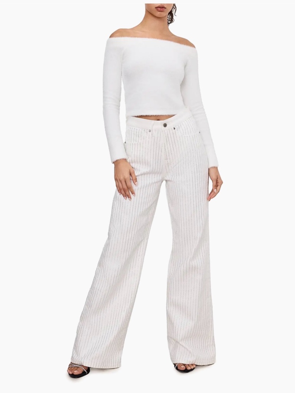 Good American Rhinestone Pinstripe Wide Leg Jeans Sz 10 Long 34 NWT White